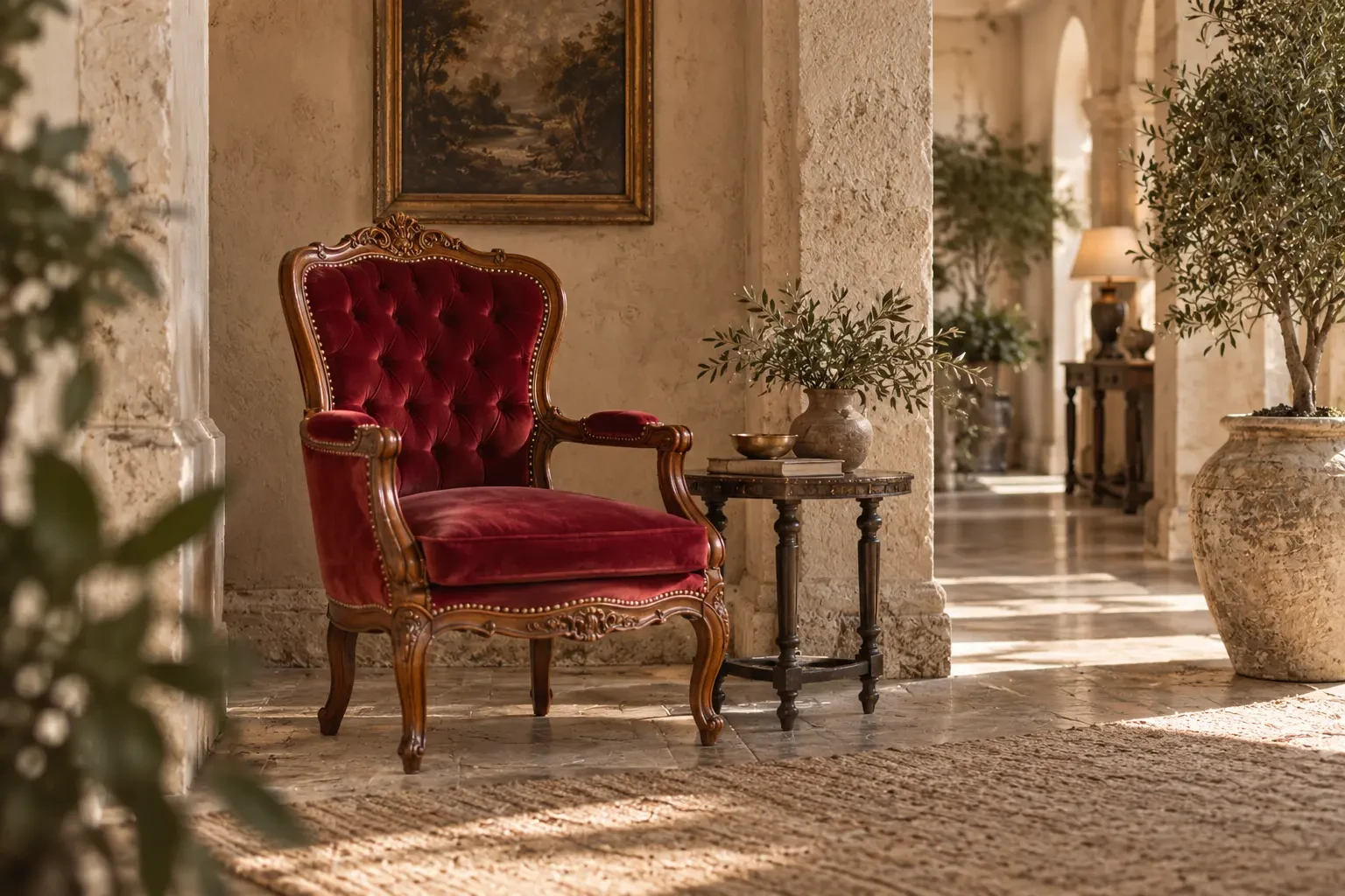 Styled hospitality interior with a Crimson Salon armchair in burgundy velvet. Furniture hire only — setting and other objects are not included.