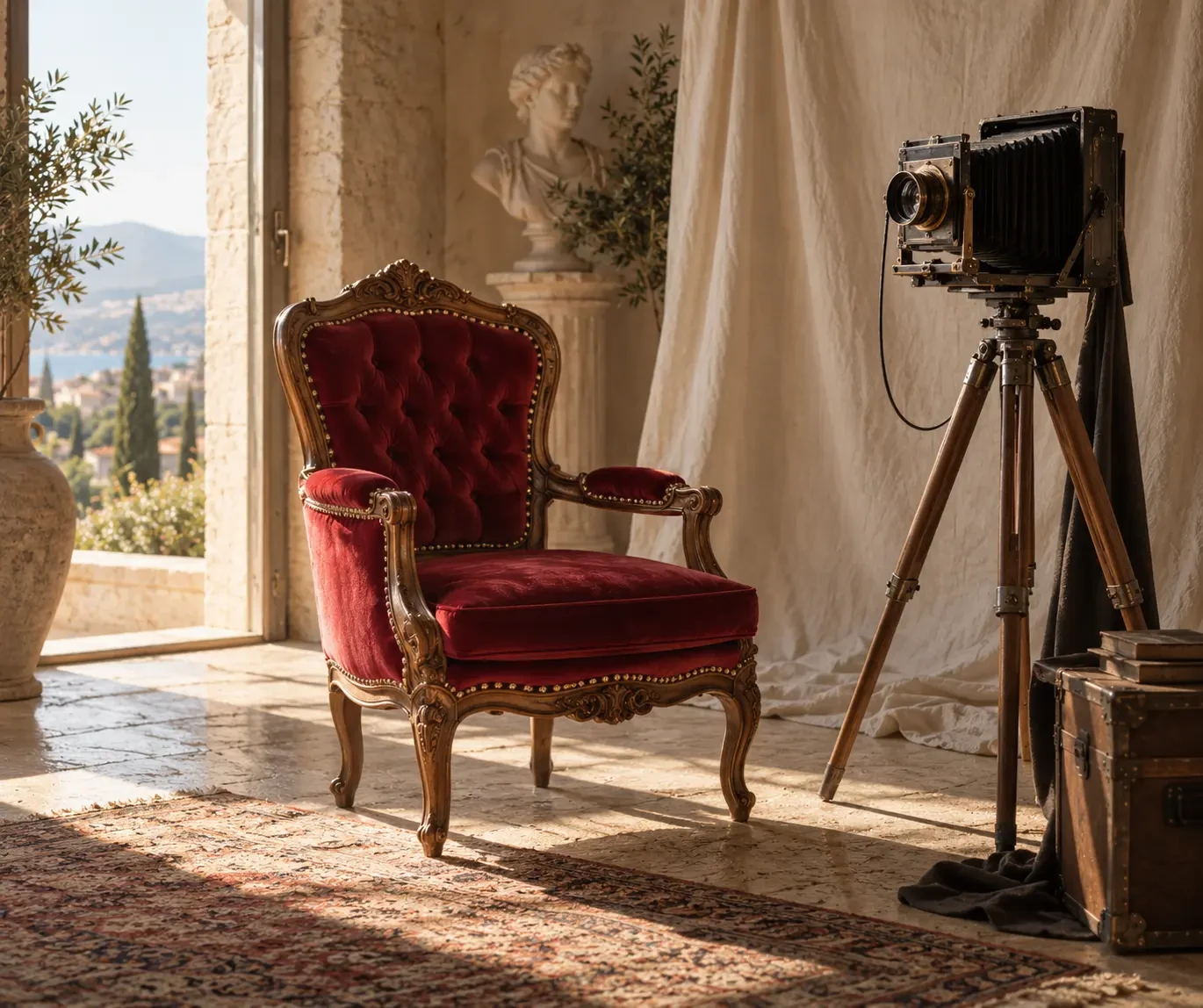 Styled photography-studio setting with a burgundy velvet armchair from The Crimson Salon and a vintage large-format camera. Furniture hire only — camera and setting are not included.