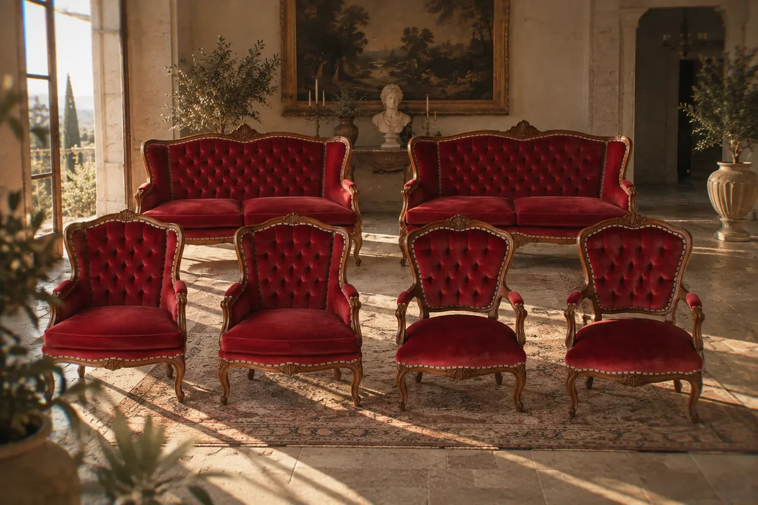 Styled application of The Crimson Salon. Hire includes the listed furniture only — not the room or other objects in the frame.