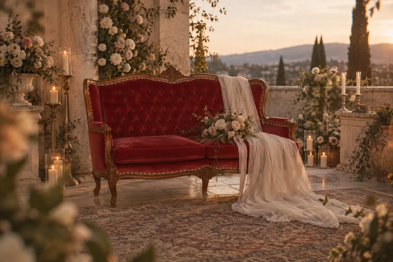 Styled application: a period settee arranged for a ceremony setting. Furniture hire only — flowers, candles and venue are not included.